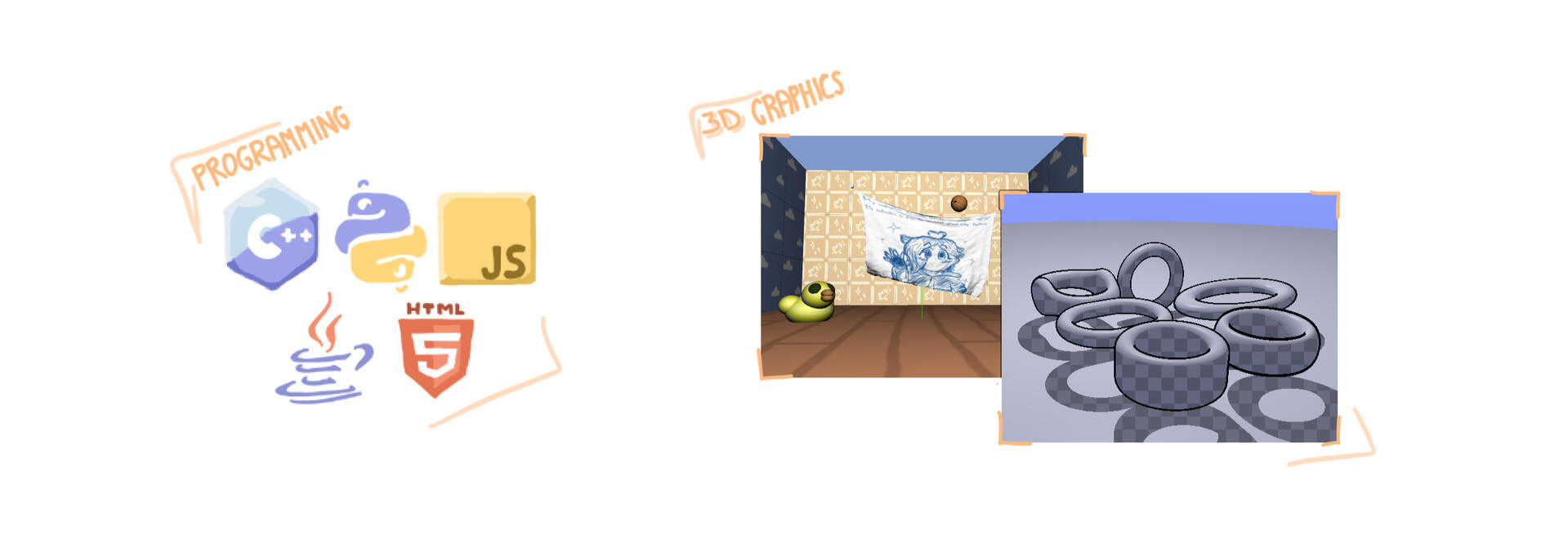 Pyriel's skills Simple drawings and screenshots representing several mastered programming languages, along with a few screenshots of 3D rendering IT projects.