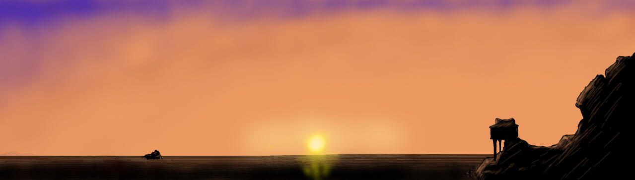 Game decor sneak peak An illustration of an ocean, with an island and a hut in foreground, a second island in the distance and land on the horizon, all from right to left, lightened up by the Sun setting over the horizon at the lower center, barely over the water...